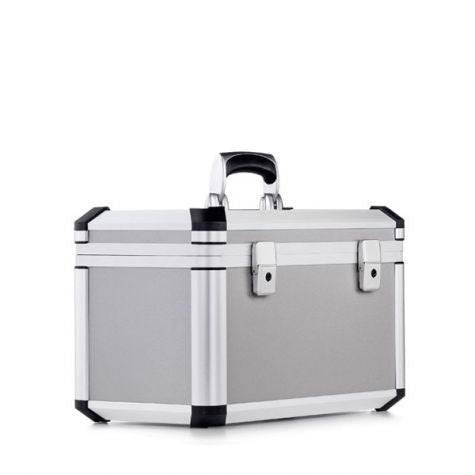 The Exclusive 93500 is a silver aluminium frame case featuring black corner reinforcements and an ergonomic handle, displayed against a plain white background.