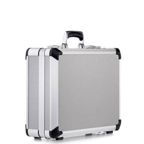 The Exclusive 93800 (445 x 340 x 150) features a high-quality silver aluminium frame, black reinforced corners, and a metal handle, standing upright on a white background—an exclusive AEX design.
