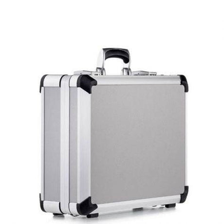 The Exclusive 93800 (445 x 340 x 150) features a high-quality silver aluminium frame, black reinforced corners, and a metal handle, standing upright on a white background—an exclusive AEX design.