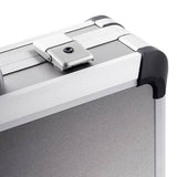 Close-up of the Exclusive 93800 (445 x 340 x 150) aluminium frame case, highlighting its latch and reinforced black plastic corner protectors.