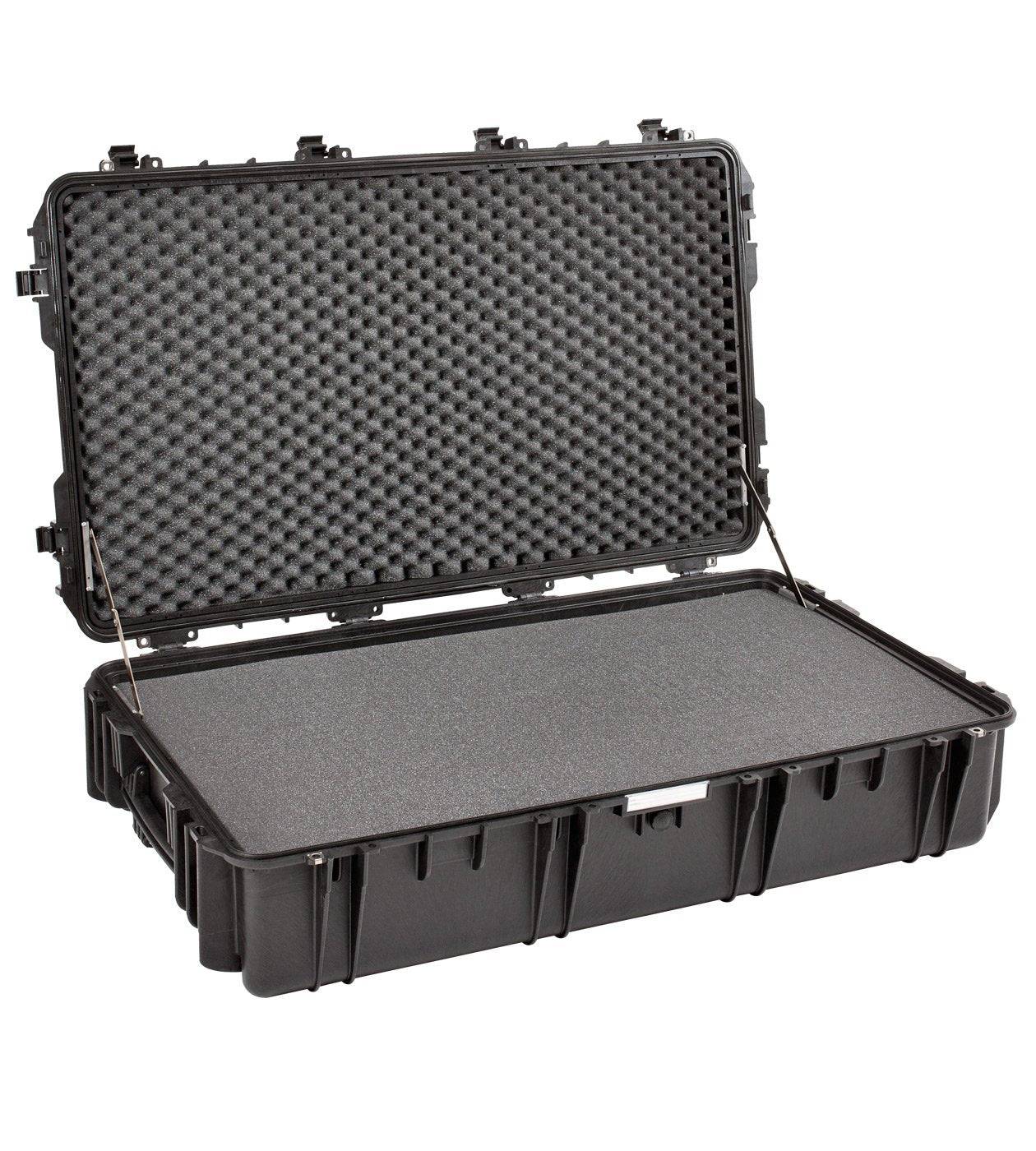 The Explorer 10826 is a black hard-shell watertight case with an open lid, showing foam padding for secure storage or transport of delicate items; it includes locking loops and a pressure release valve for extra protection.