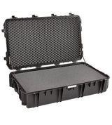 The Explorer 10826 is a black hard-shell watertight case with an open lid, showing foam padding for secure storage or transport of delicate items; it includes locking loops and a pressure release valve for extra protection.