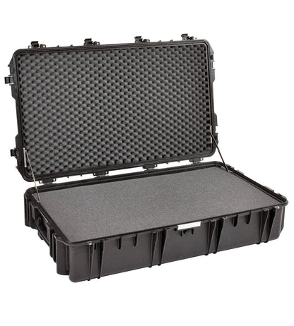 The Explorer 10826 is a black hard-shell watertight case with an open lid, showing foam padding for secure storage or transport of delicate items; it includes locking loops and a pressure release valve for extra protection.