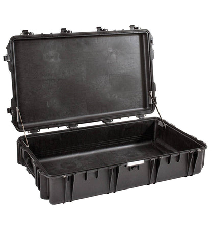 The Explorer 10826 is a large, hard-shell black watertight case shown open with an empty interior, secure lid latches, and locking loops for extra security.