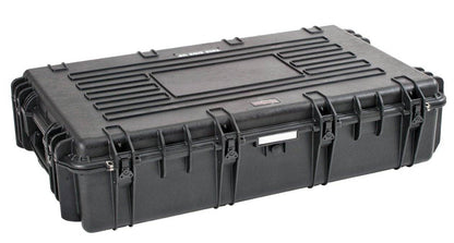 The Explorer 10826 is a large rectangular hard plastic carrying case featuring reinforced corners, multiple latches, a molded handle, and secure locking loops.
