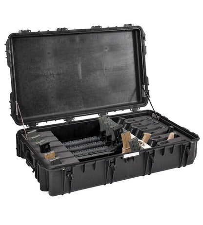 The Explorer 10826 is a black hard-shell, watertight case with foam compartments for a disassembled firearm and magazines, shown open. It has locking loops and a pressure release valve for enhanced security and protection.
