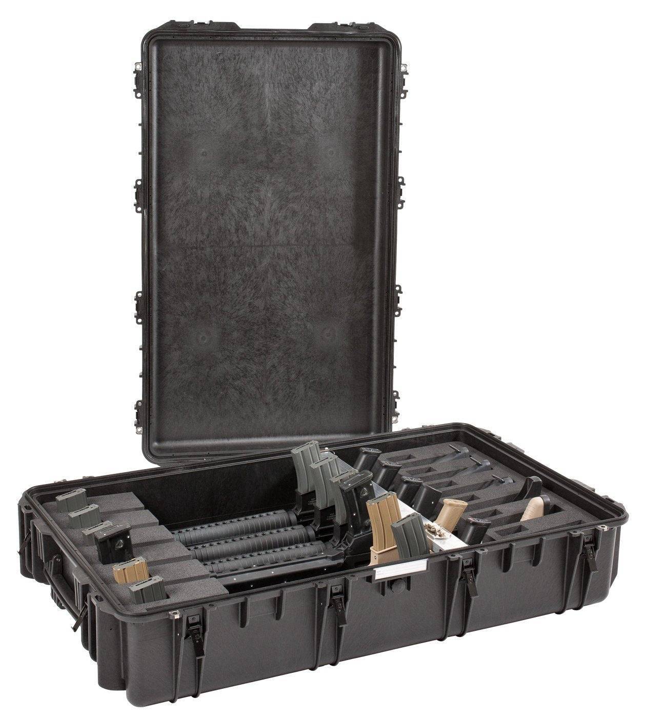The Explorer 10826 is a hard-shell black carrying case with locking loops and foam inserts for multiple rifles and magazines. Displayed open, this watertight case ensures your gear stays protected in any environment.