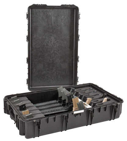 The Explorer 10826 is a hard-shell black carrying case with locking loops and foam inserts for multiple rifles and magazines. Displayed open, this watertight case ensures your gear stays protected in any environment.