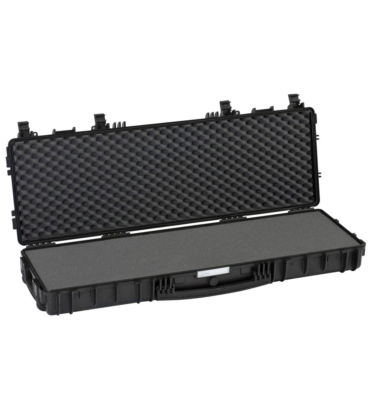 The Explorer 11413 is a black hard-shell waterproof case with metal hinges, shown open and empty, featuring egg-crate foam in the lid and flat foam in the base.