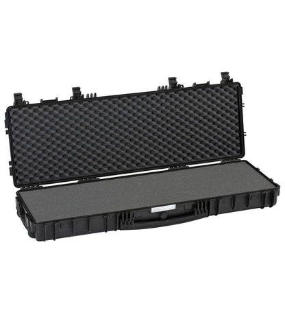 The Explorer 11413 is a black hard-shell waterproof case with metal hinges, shown open and empty, featuring egg-crate foam in the lid and flat foam in the base.