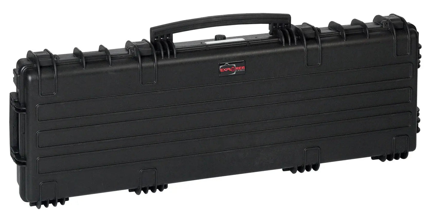 The Explorer 11413 is a large, black hard plastic waterproof case with a handle, secure latches, and metal hinges for safe equipment transport.