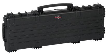 The Explorer 11413 is a large, black hard plastic waterproof case with a handle, secure latches, and metal hinges for safe equipment transport.