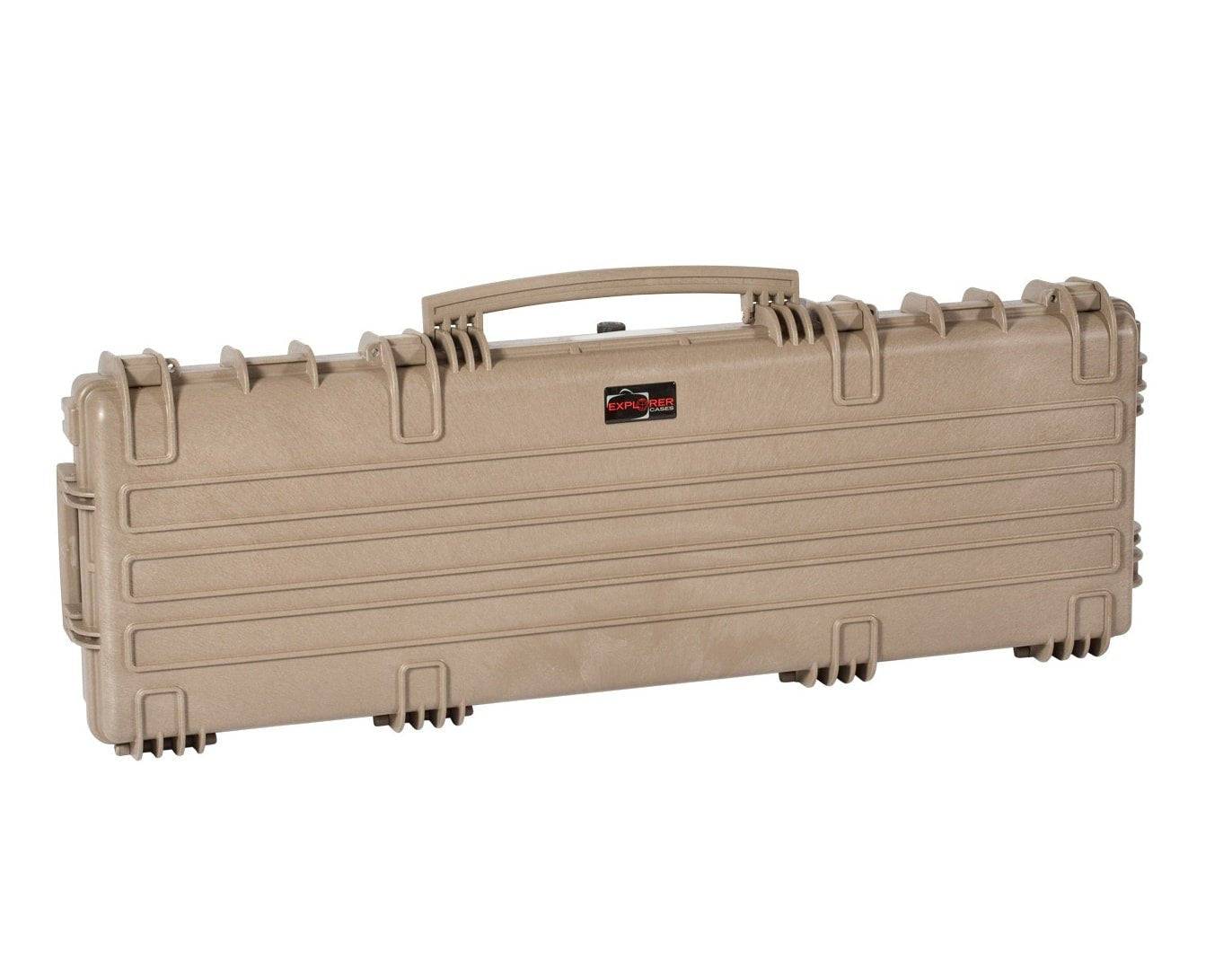 The Explorer 11413 tan hard plastic waterproof rifle case, featuring a handle, secure latches, and metal hinges, is shown closed and lying horizontally.