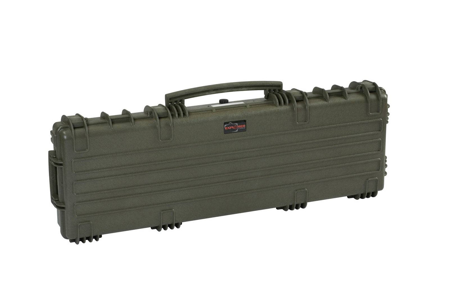 The Explorer 11413 is an olive green hard plastic rifle case with a handle, secure latches, metal hinges, and reinforced edges; waterproof and designed for protective transport and storage.