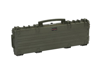 The Explorer 11413 is an olive green hard plastic rifle case with a handle, secure latches, metal hinges, and reinforced edges; waterproof and designed for protective transport and storage.