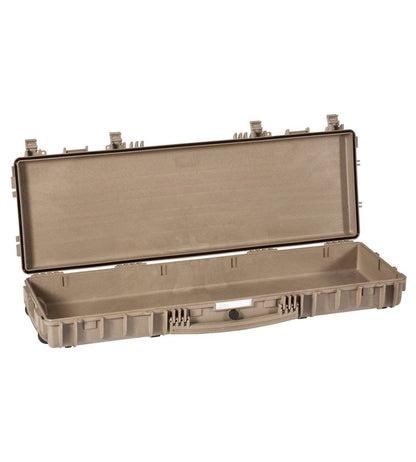 The Explorer 11413 is a large, tan hard-shell waterproof case with reinforced sides, metal hinges, and a pressure release valve—perfect for safely transporting equipment. The open case reveals a spacious, empty interior.