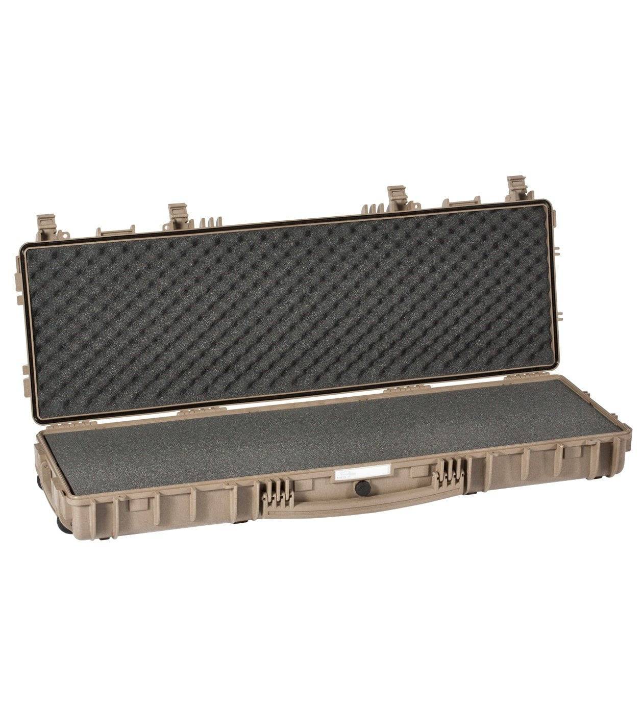 The Explorer 11413, a tan waterproof case featuring foam padding, metal hinges, latches on the lid, and a front handle, is shown open.