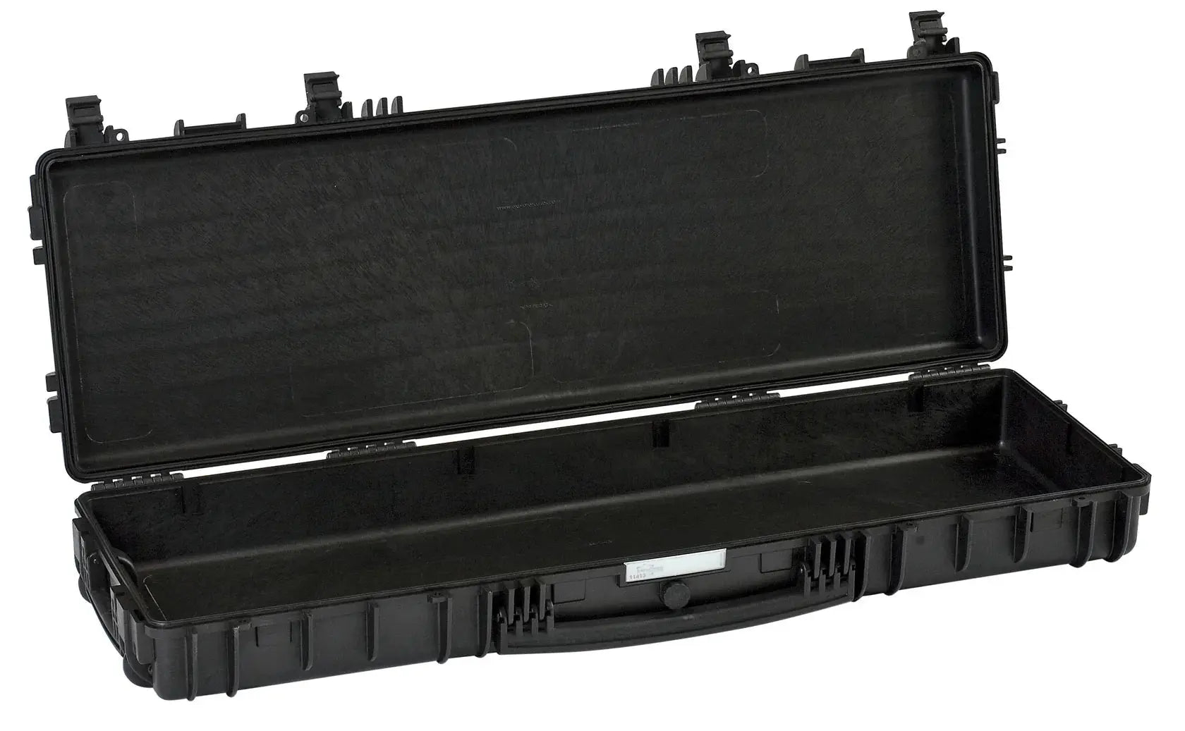 The Explorer 11413 is a large, hard-shell black carrying case with sturdy metal hinges, latches, and an exterior handle, shown open with an empty interior.