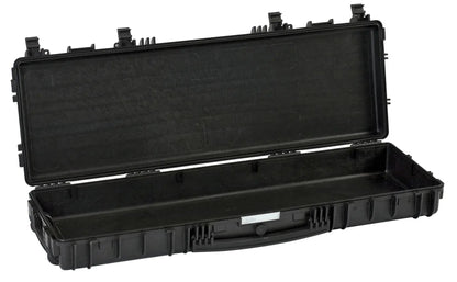 The Explorer 11413 is a large, hard-shell black carrying case with sturdy metal hinges, latches, and an exterior handle, shown open with an empty interior.