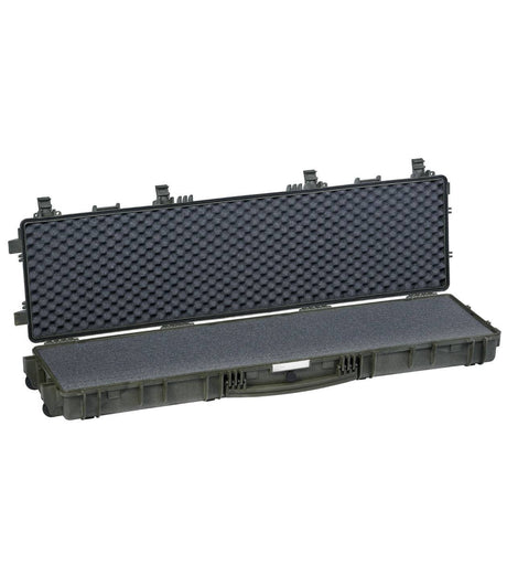 The Explorer 13513 is a long black hard-shell waterproof case with foam lining, corrosion-proof metal hinges, edge latches, a front handle, and a pressure release valve, shown open.