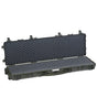 The Explorer 13513 is a long black hard-shell waterproof case with foam lining, corrosion-proof metal hinges, edge latches, a front handle, and a pressure release valve, shown open.