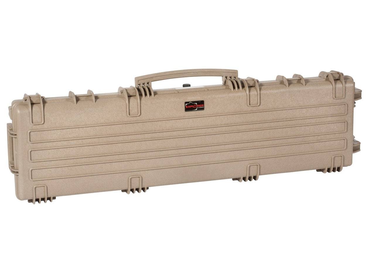 The Explorer 13513 is a tan, hard plastic rectangular rifle case with a handle, secure latches, corrosion-proof metal hinges, designed for protective storage and transport.