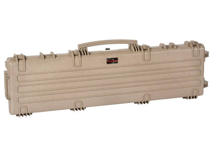 The Explorer 13513 is a tan, hard plastic rectangular rifle case with a handle, secure latches, corrosion-proof metal hinges, designed for protective storage and transport.