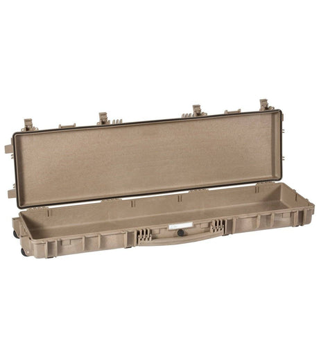 The Explorer 13513 is a long, tan, hard waterproof case with a handle, secure latches, corrosion-proof metal hinges, and an empty interior.