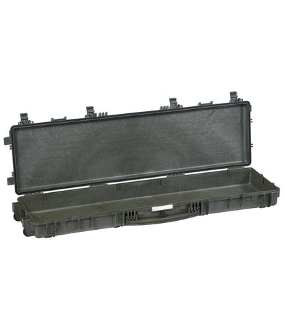 The open Explorer 13513 case displays its empty, long rectangular interior, with secure latches and corrosion-proof metal hinges on the edges, all constructed from hard plastic for waterproof protection.