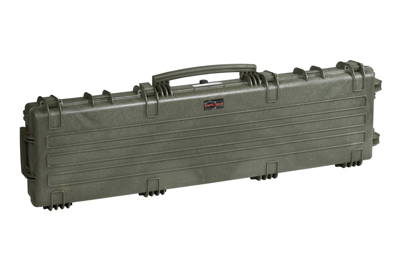 The Explorer 13513 is a hard-shell, olive green rectangular rifle case with a handle, secure latches, and corrosion-proof metal hinges, designed for safe transport and protection of firearms or equipment.