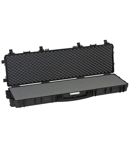 The Explorer 13513 black hard-shell rifle case is open, featuring foam padding for protection, corrosion-proof metal hinges, and a pressure release valve for enhanced security.