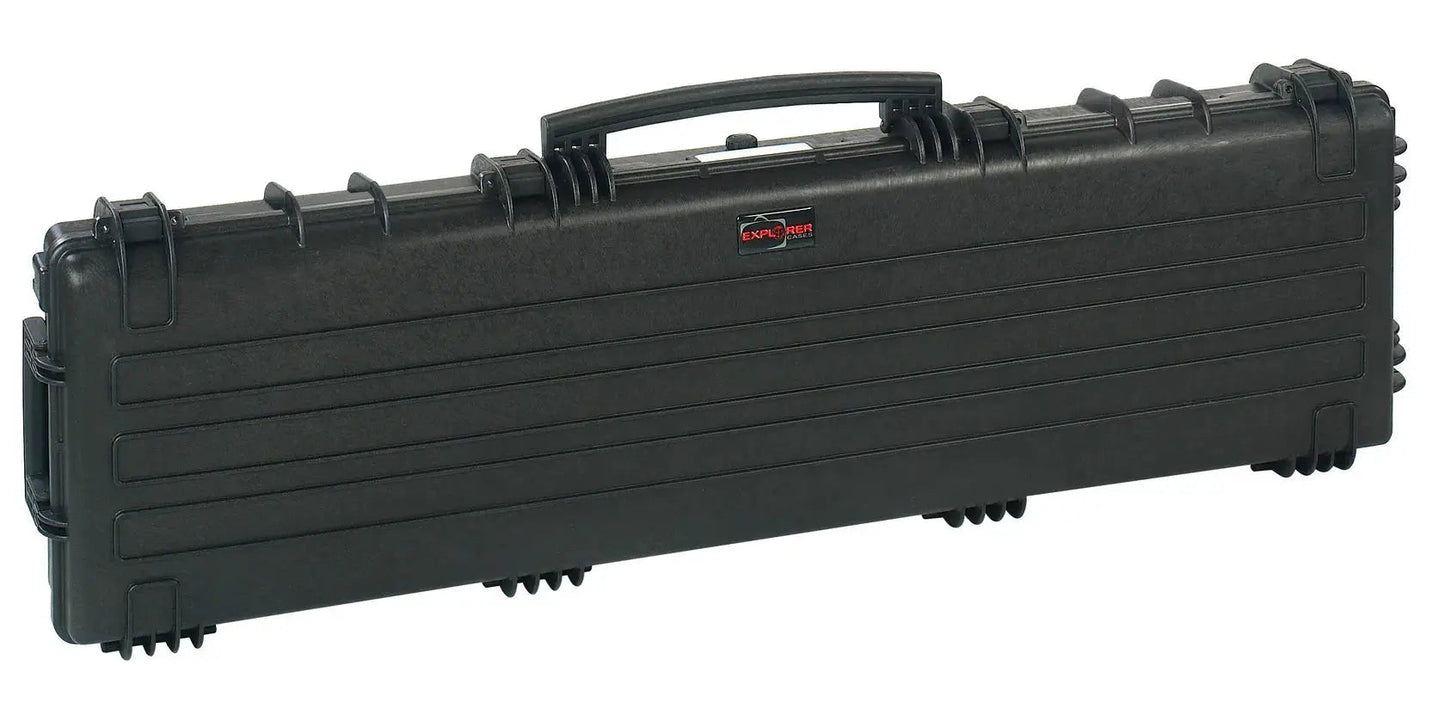 The Explorer 13513 is a long, hard-shell black carrying case with a top handle, secure latches, and corrosion-proof metal hinges, designed to safely transport equipment or instruments.