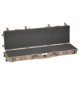 The Explorer 13513, a tan hard-shell rifle case with egg-crate foam interior, corrosion-proof metal hinges, and a pressure release valve, is shown open and empty on a white background.