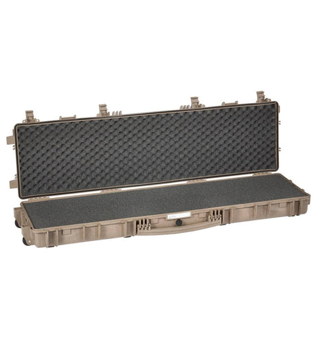 The Explorer 13513, a tan hard-shell rifle case with egg-crate foam interior, corrosion-proof metal hinges, and a pressure release valve, is shown open and empty on a white background.