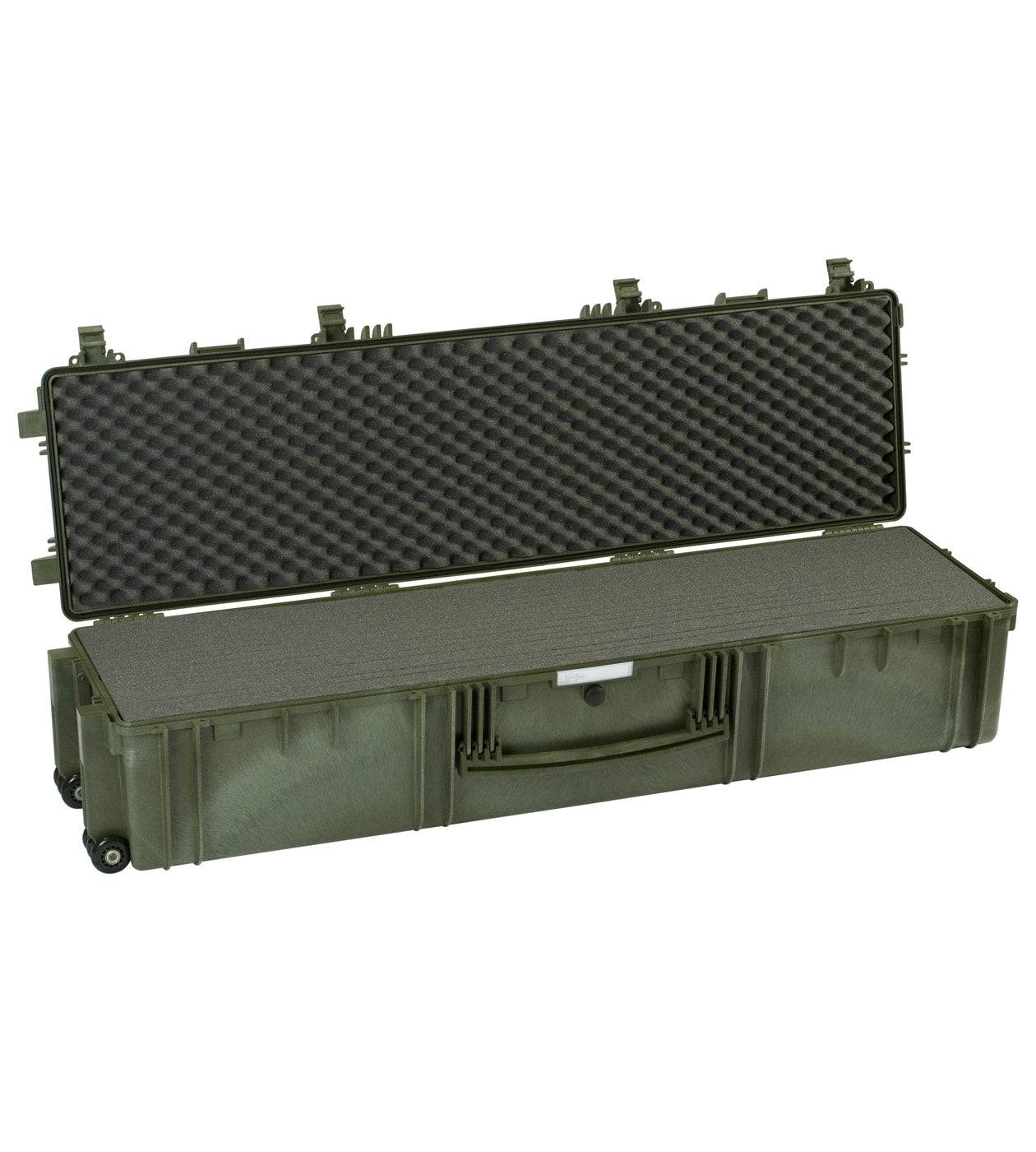 The Explorer 13527 is an olive green hard-shell rifle case with interior foam padding, shown open with the lid raised; this corrosion-proof case provides long-lasting protection for your equipment.