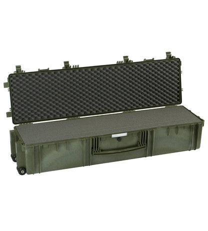 The Explorer 13527 is an olive green hard-shell rifle case with interior foam padding, shown open with the lid raised; this corrosion-proof case provides long-lasting protection for your equipment.