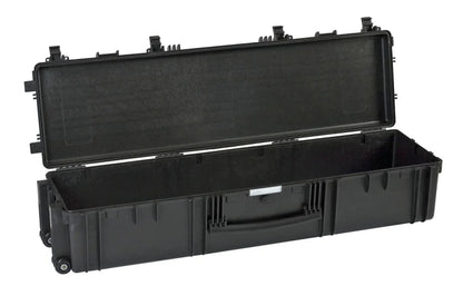 The Explorer 13527 is a large, black, hard plastic wheeled carrying case with a hinged lid, shown open and empty. This corrosion-proof case provides reliable protection for your items in any environment.