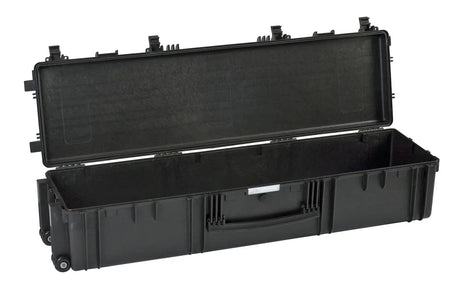 The Explorer 13527 is a large, black, hard plastic wheeled carrying case with a hinged lid, shown open and empty. This corrosion-proof case provides reliable protection for your items in any environment.