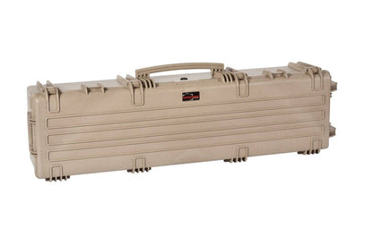 The Explorer 13527 is a tan, hard-shell waterproof storage box with a handle and secure latches, shown closed on a white background. Corrosion proof and durable, it features stainless steel reinforced corners.