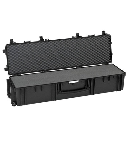 The Explorer 13527 is a black hard-shell waterproof storage box with egg crate foam lining, open to show its padded interior, ideal for transporting long items. It features stainless steel reinforced corners for enhanced durability.