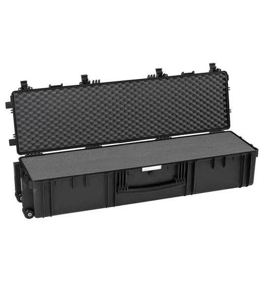The Explorer 13527 is a black hard-shell waterproof storage box with egg crate foam lining, open to show its padded interior, ideal for transporting long items. It features stainless steel reinforced corners for enhanced durability.