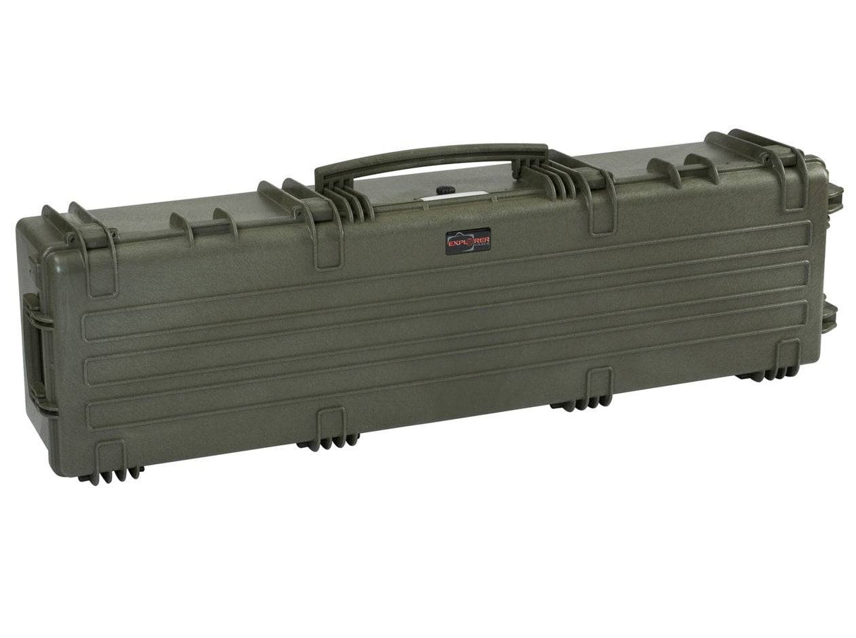The Explorer 13527 is a hard-shell, olive green waterproof storage box with a handle and secure latches, ideal for transporting long items like rifles or equipment.