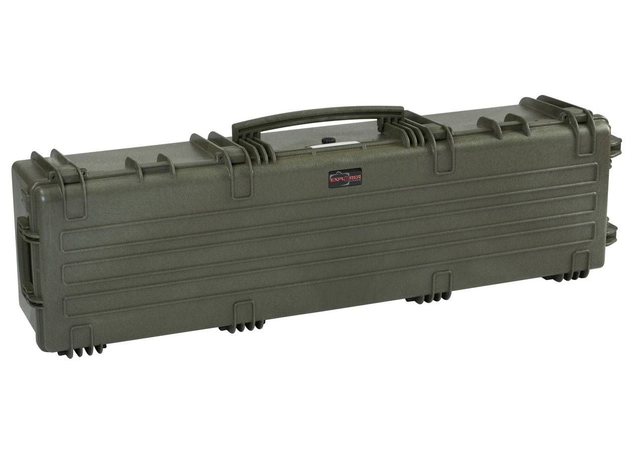 The Explorer 13527 is a hard-shell, olive green waterproof storage box with a handle and secure latches, ideal for transporting long items like rifles or equipment.