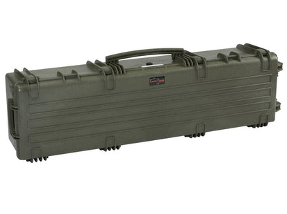 The Explorer 13527 is a hard-shell, olive green waterproof storage box with a handle and secure latches, ideal for transporting long items like rifles or equipment.