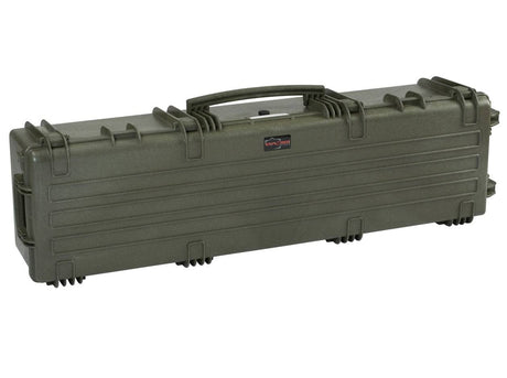 The Explorer 13527 is a hard-shell, olive green waterproof storage box with a handle and secure latches, ideal for transporting long items like rifles or equipment.