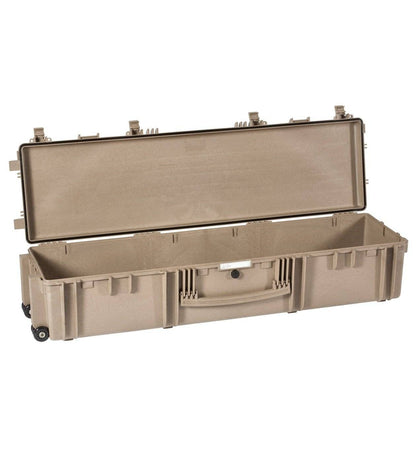The Explorer 13527 is a large, tan hard-shell waterproof storage box with an open lid, stainless steel reinforced corners, wheels, side latches, and foam lining—ideal as a corrosion-proof case for safely transporting equipment.