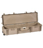 The Explorer 13527 is a large, tan hard-shell waterproof storage box with an open lid, stainless steel reinforced corners, wheels, side latches, and foam lining—ideal as a corrosion-proof case for safely transporting equipment.