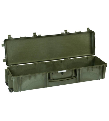 The Explorer 13527 is a large, olive green, hard-shell carrying case with wheels and latches, reinforced with stainless steel, shown open and empty.