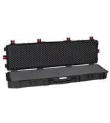 The Explorer 15416 is a long black waterproof case with a stainless steel-reinforced hard shell, open lid, foam interior, red edge latches, and a manual pressure release valve for extra protection.