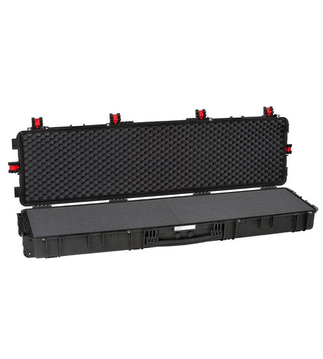 The Explorer 15416 is a long black waterproof case with a stainless steel-reinforced hard shell, open lid, foam interior, red edge latches, and a manual pressure release valve for extra protection.